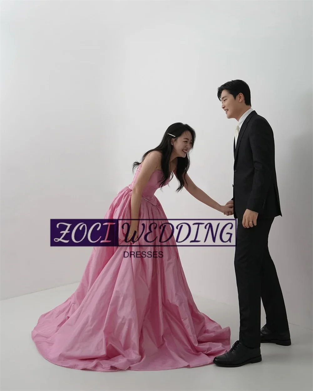 Zoci querida tafetá coreia vestidos de noite elegante sem alças rosa fotos sessão vestido personalizado varredura sem costas vestidos formais