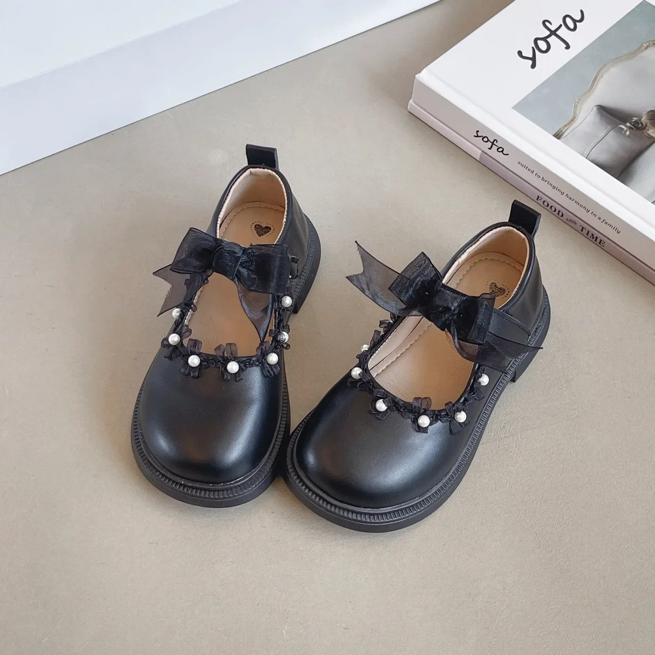 

Princess Flat Children's Shoes for Girl Black Mary Jane Loafers Sneakers Kids Party Shoes Student Pearl Bow Leather Shoes 6 Year