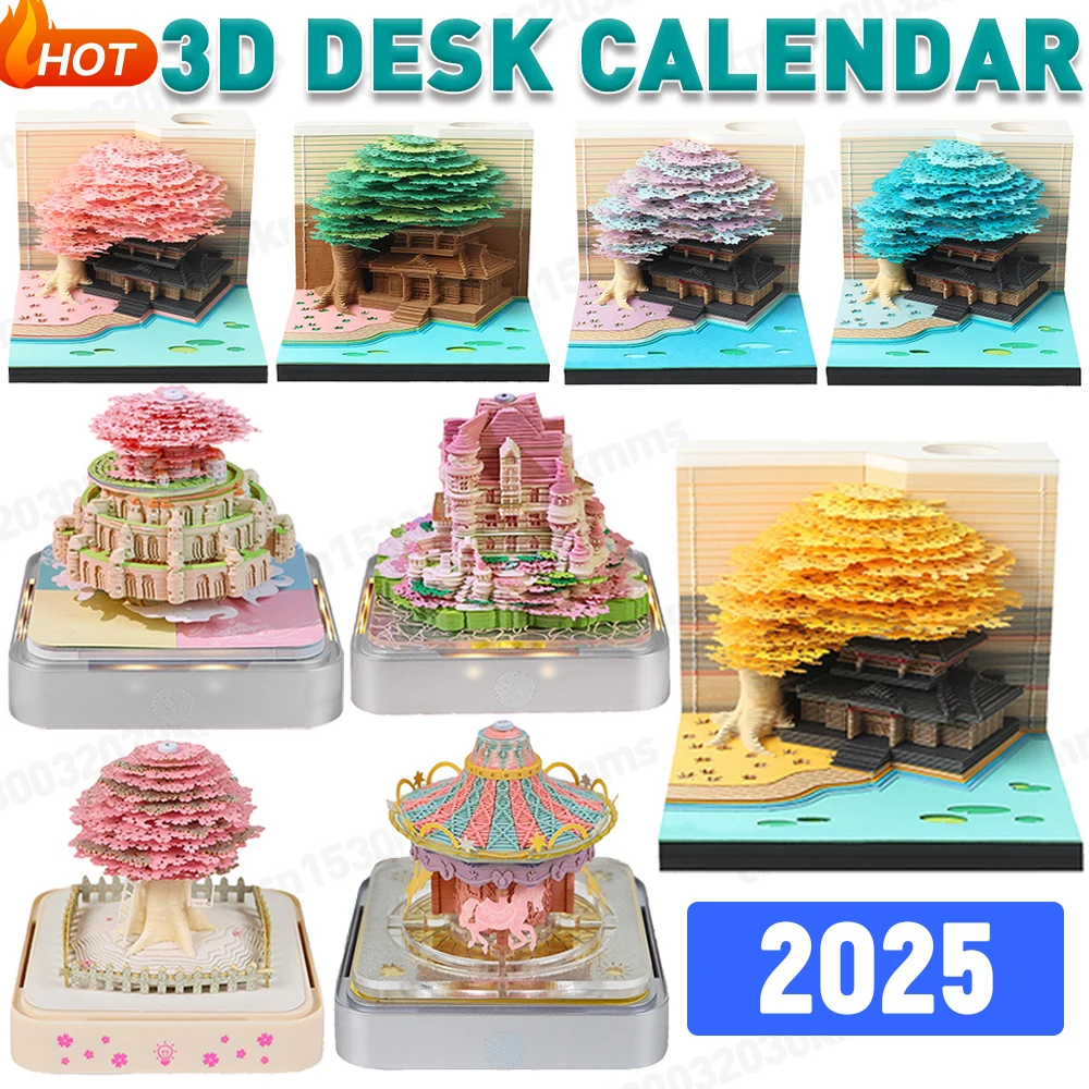 3D Desk Calendar 2025 Tear-Away 3D Paper Art Notepad with LED Light Paper Carving Calendar Memo Pad Calendar for House Gift