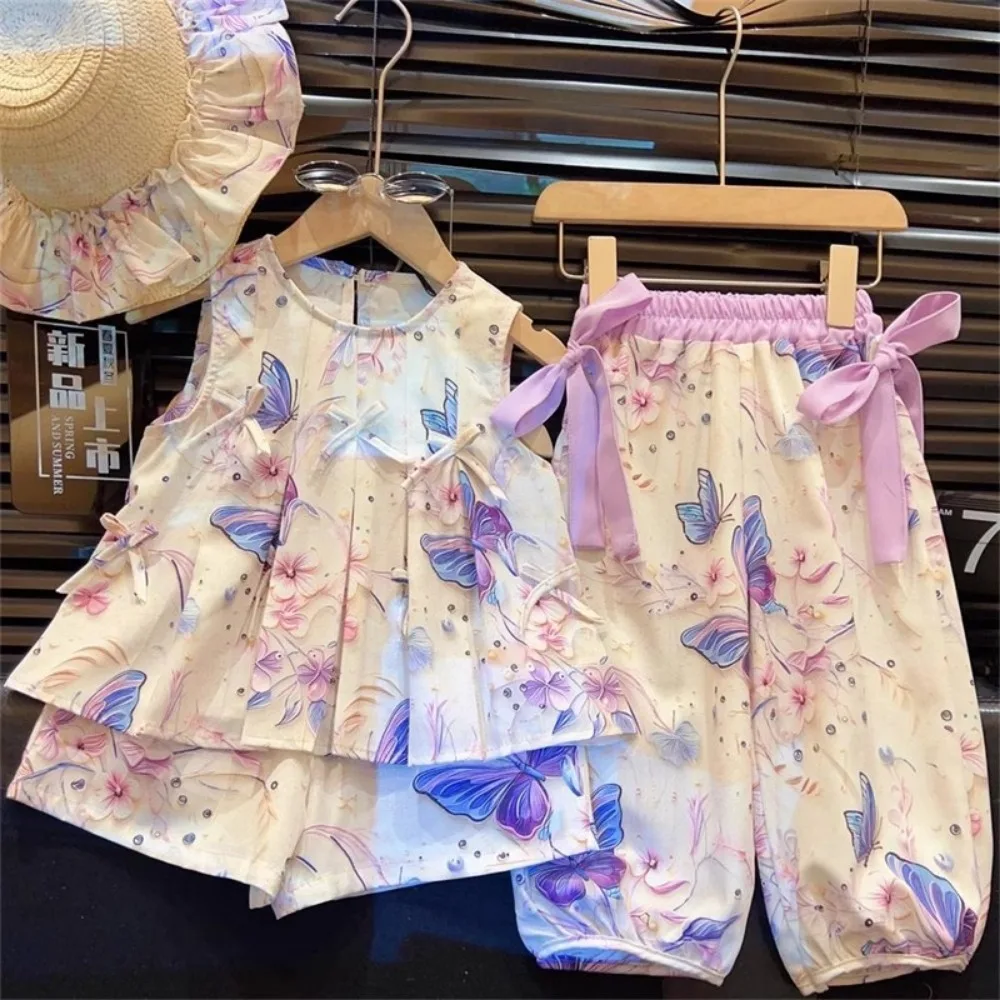 Bear Leader 2024 Summer New Cute Girls' Set Beige Butterfly Printed Round Neck Tank Top+ Shorts+Pants+Hat 3-Piece Set Comes