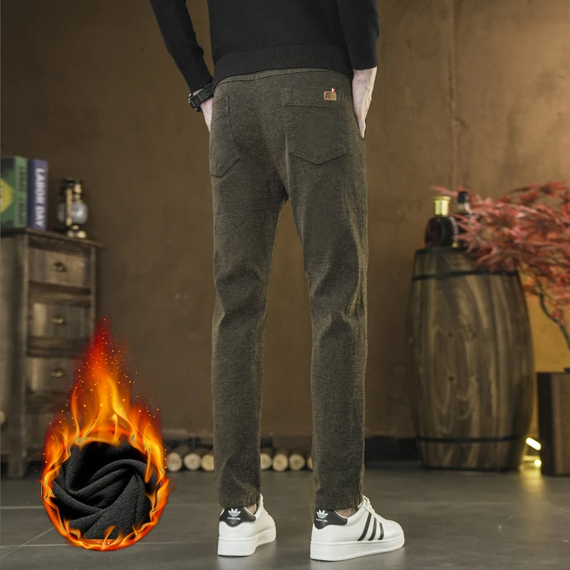 2025 inverno novas calças de lã de chenille masculinas quentes finas retas calças casuais moda versátil madura high-end calças compridas