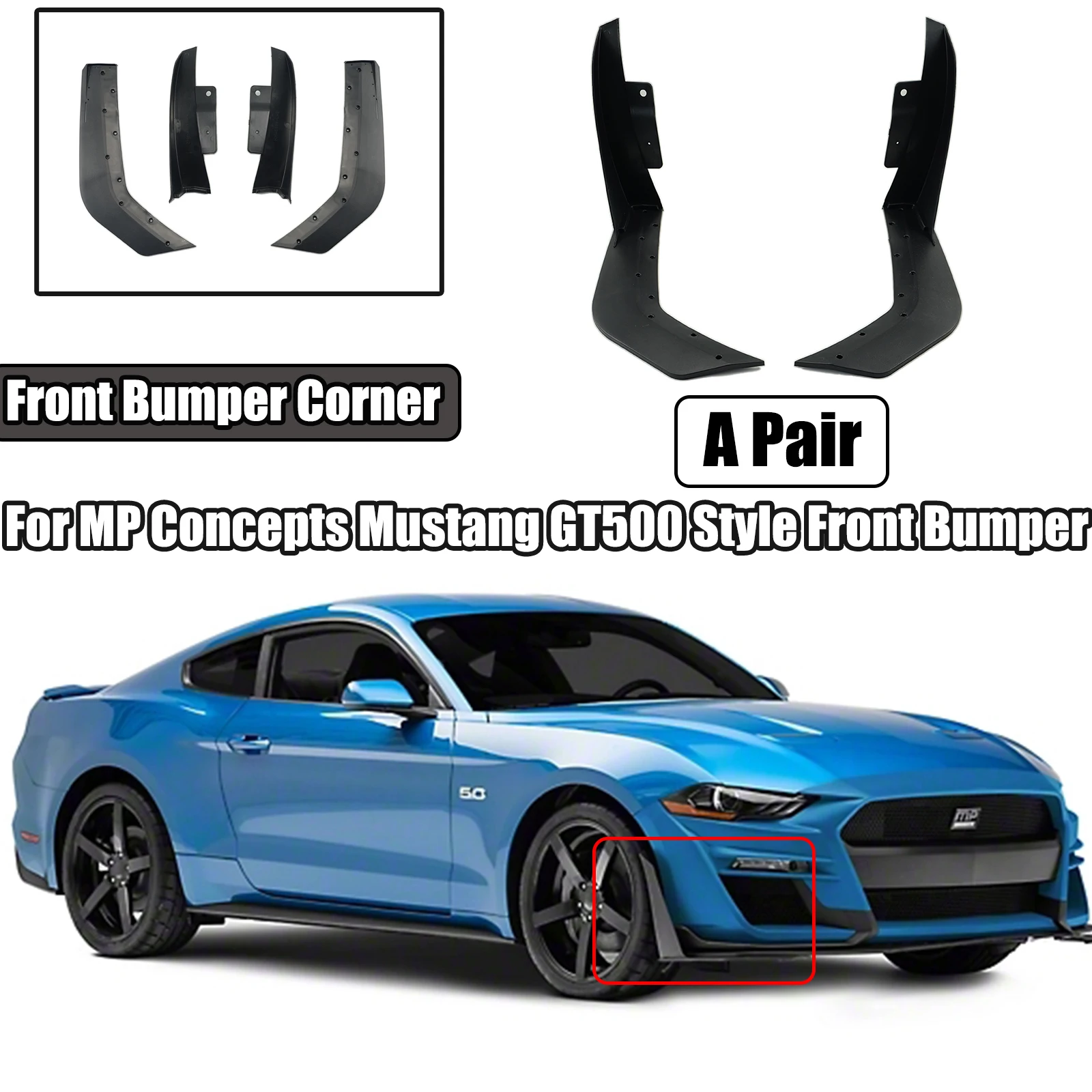 

Replacement Front Bumper Corner Lip Side Splitter DIffuser Spoiler Matte Black For MP Concepts Mustang GT500 Style Front Bumper