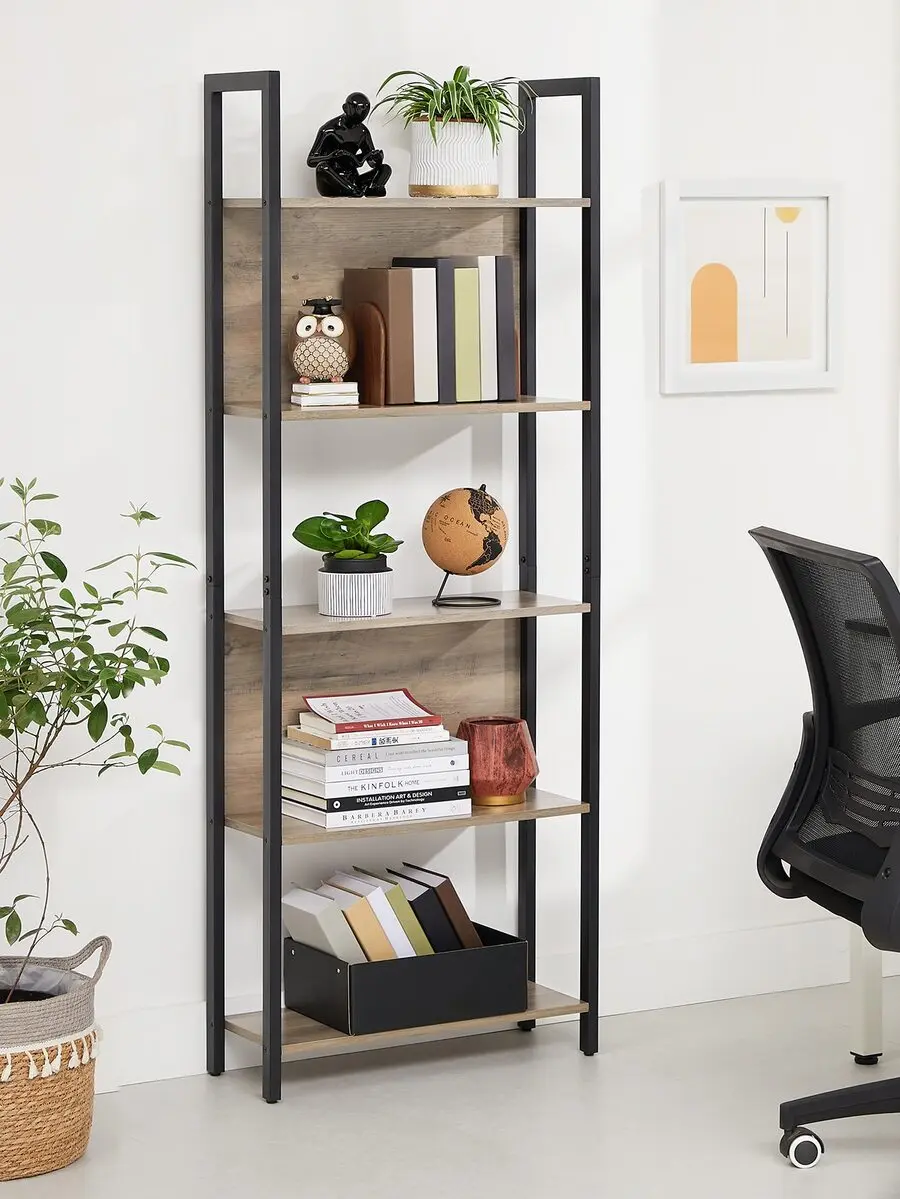 Storage Shelf, Bookshelf With 5 Shelves, Steel Frame, For Living Room, Entryway, Office, Industrial Style, Rustic, 24.4'L X 9.4'