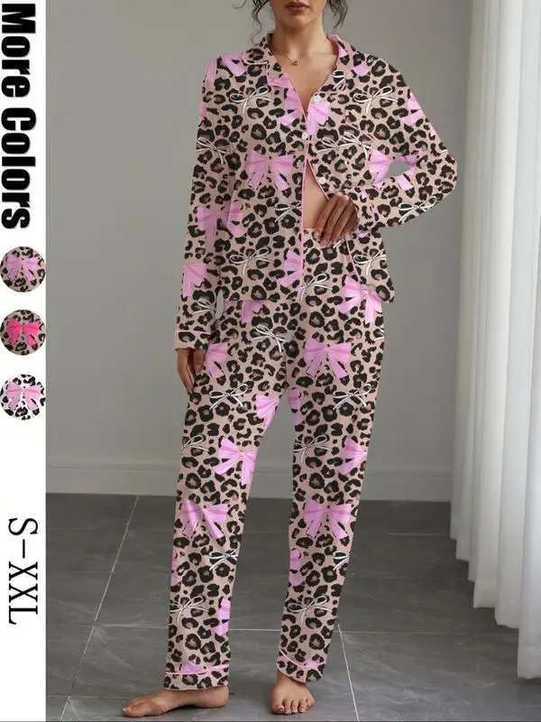 

Women's Cute Bow Knot Print Pajama Set, Casual Fitted Long Sleeve Shirt & Elastic Pants, Soft Stretchy Fabric, All Seasons Wear,