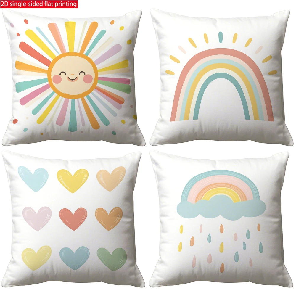 4pc Set of 4 Boho Rainbow Sunshine Heart Throw Pillow Covers  Cute Pastel Home Decor Cushion Cases for Bedroom Living Room Sofa