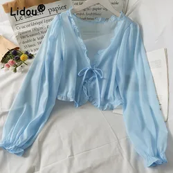 Cardigã curto feminino com laço laço, top curto, camisa selvagem, renda de malha solta, transparente, blusas de proteção solar, verão 2022