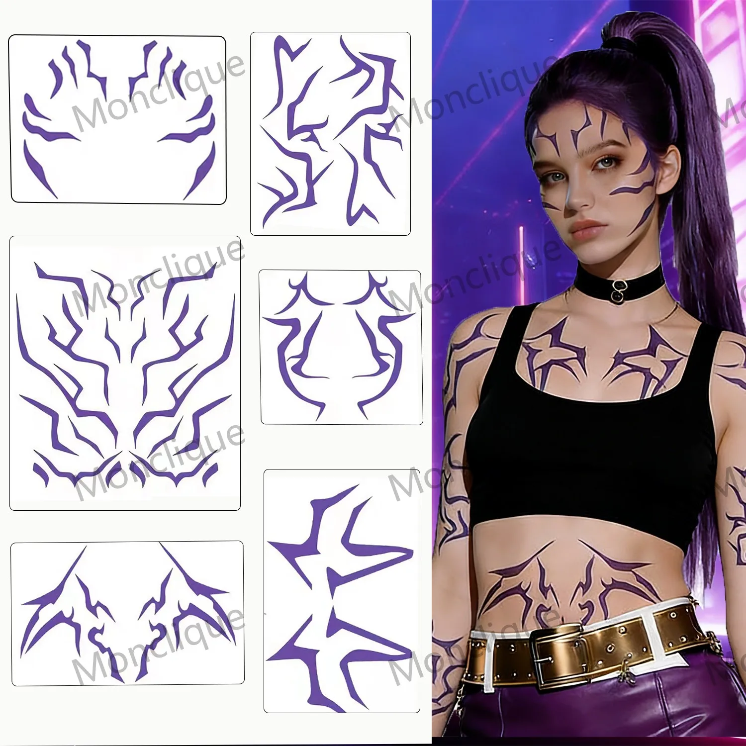 Purple Line Tattoo Sticker Disposable Lightning Dark Series Waterproof Body Art Tattoo for Halloween Party Masquerade Costumes