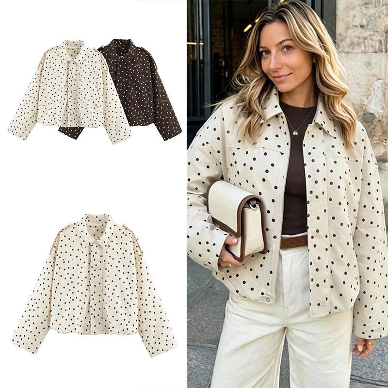 Guobioziy 2026 Autumn Women Polka Dot Cropped Trench Jacket Lapel Collar Shoulder Strap Loose Long Sleeve Casual Outerwear