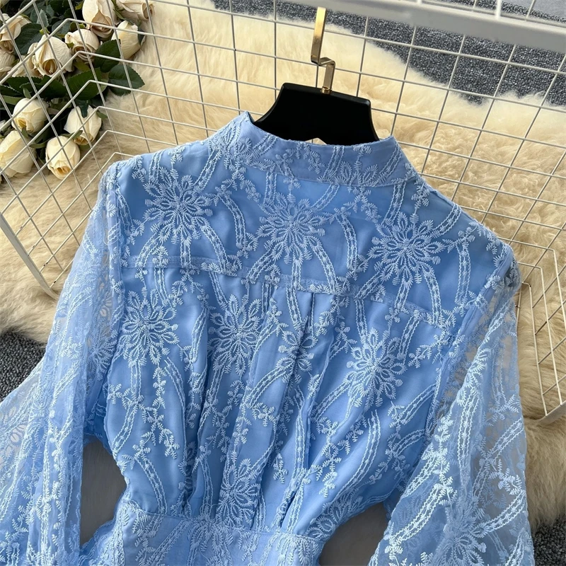 Elegant Formal Evening Floral Maxi Dress Women Long Sleeve Autumn Lace Dresses Female Hollow Out Prom Party Vestido Brand Design