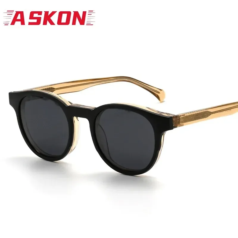ASKON New Magnetic Clip-on Sunglasses Men Fashion Round Frame Black Acetate Glasses Women  Classic UV400 Travel Outdoor Eyewear
