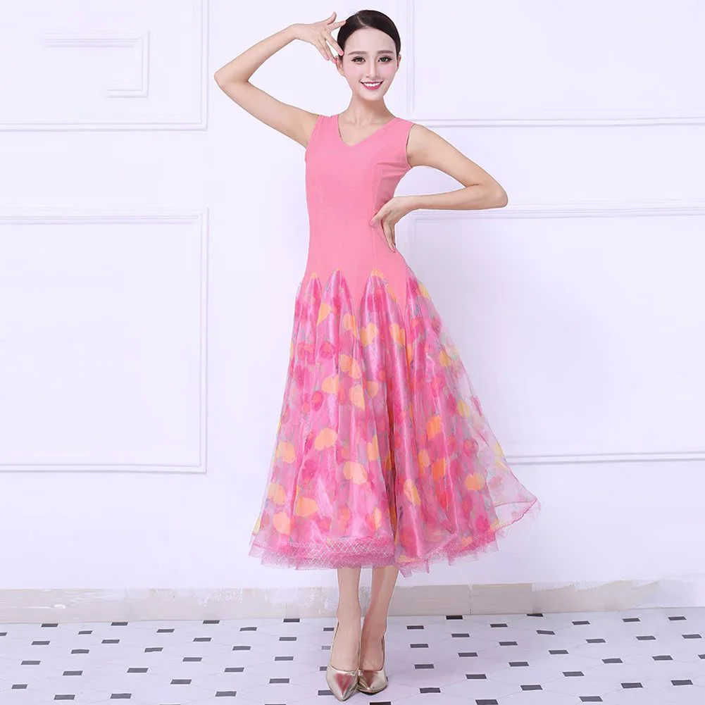 Walzerkleid Neues Ballsaal-Flamenco-Kleid mit Punkten und V-Ausschnitt, Standard-Wettbewerb, schmale Passform, ärmellos, rosa, schöner Gesellschaftstanz