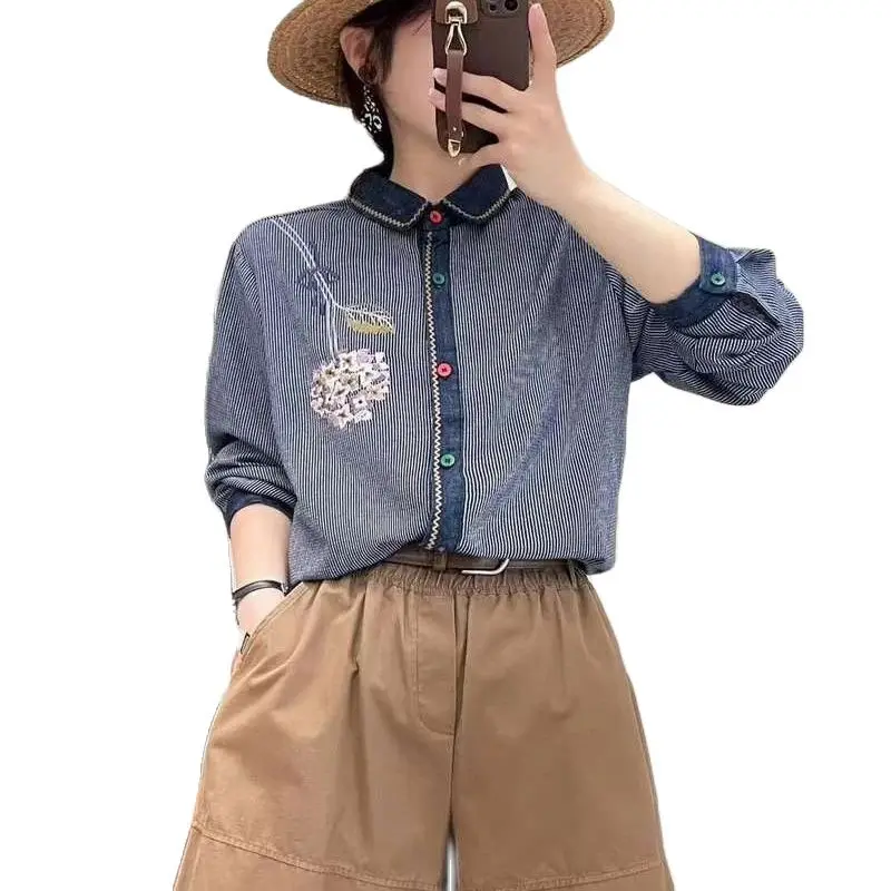 New Summer Cotton Long Sleeve Shirt, Women Lapel Embroidery Striped Top, Mori Girl Casual Vintage Loose Blouses, Autumn T47977QC