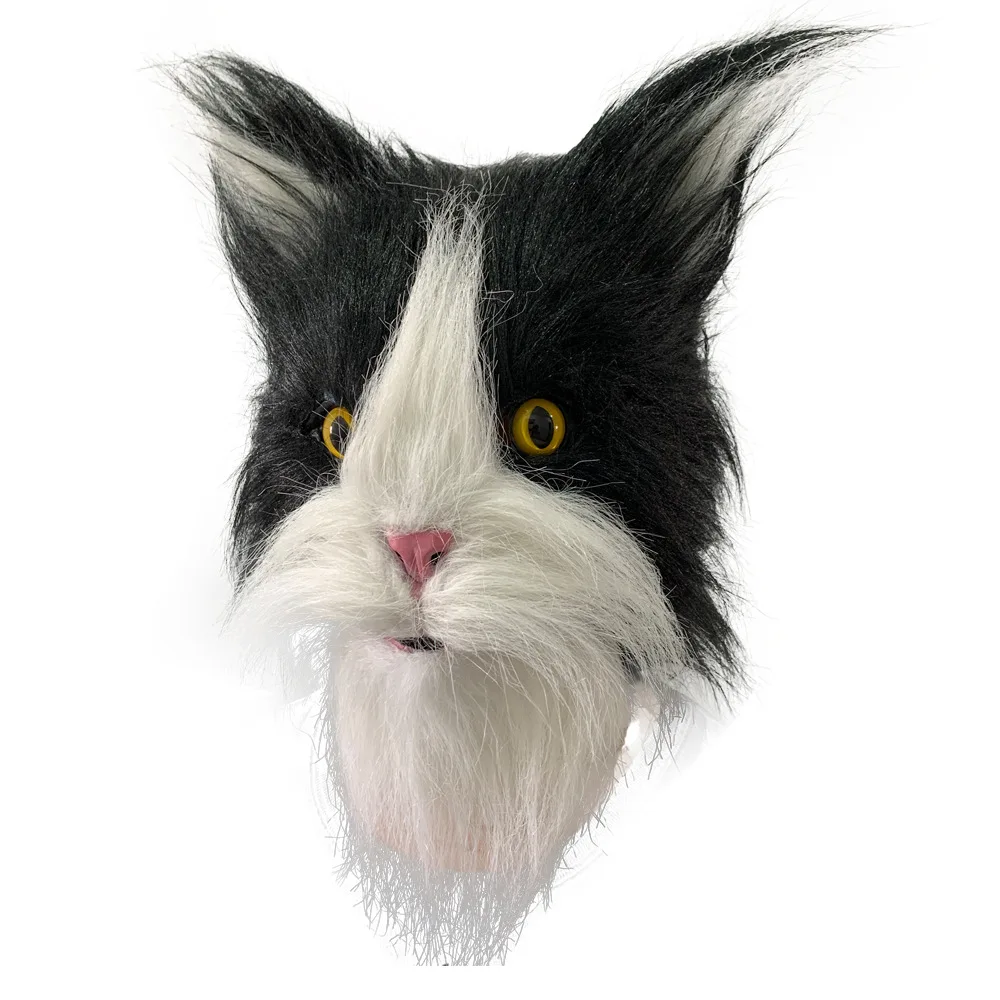 Realistische Flauschige Katzenmaske, Schwarz-Weiße Pelzige Tier-Vollkopfmaske, Latex-Katzenkopfmaske für Halloween, Cosplay und Maskenpartys – Detail 3
