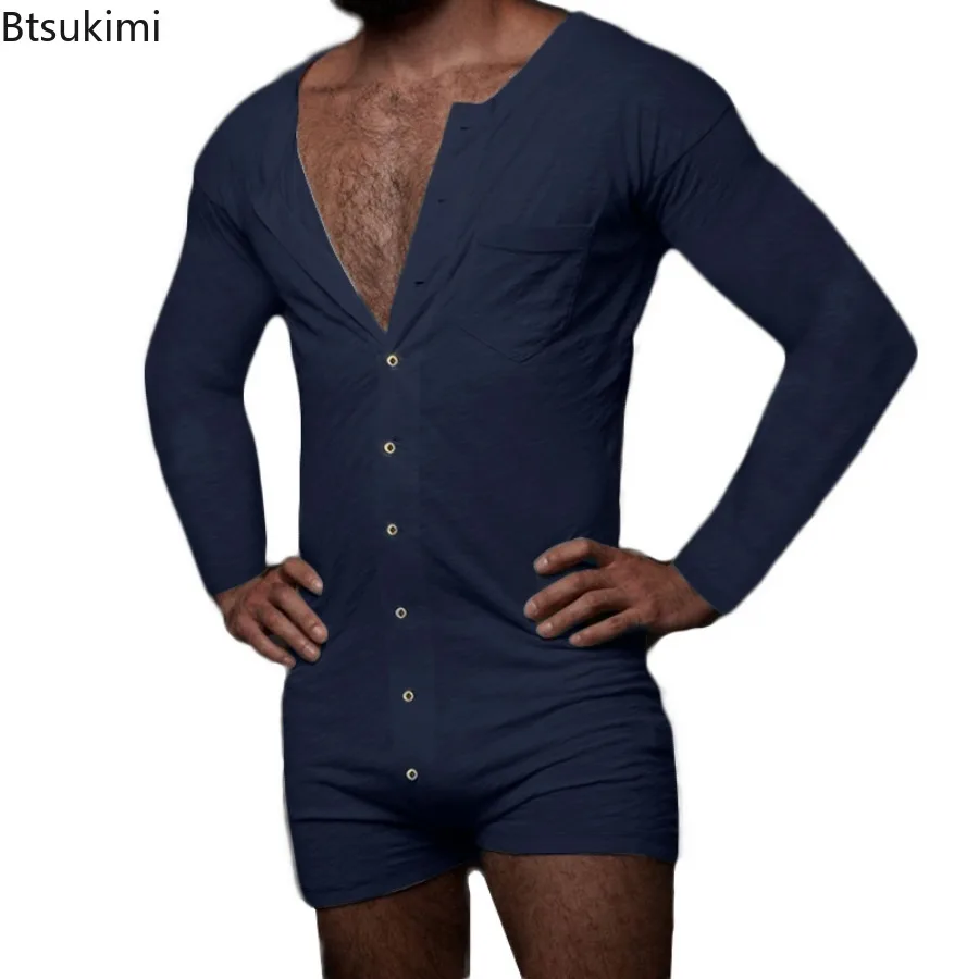 2026 Men's One Piece Pajamas Spring New Solid Bodysuit Homewear Single-breasted Long Sleeve Shorts Sexy Jumpsuits Sleepwear Male