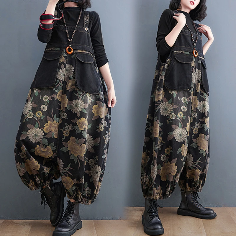 

Джинсовые комбинезоны с большой талией, большие размеры, женские модные брюки-фонарики с манжетами и принтом, длинные брюки для поездок на работу