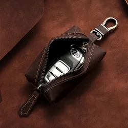 100% Real Leather Key Case for Household Keys Housekeeper Organizer Retro Solid Crazy Horse Leather Key Holder Bag High Capacity