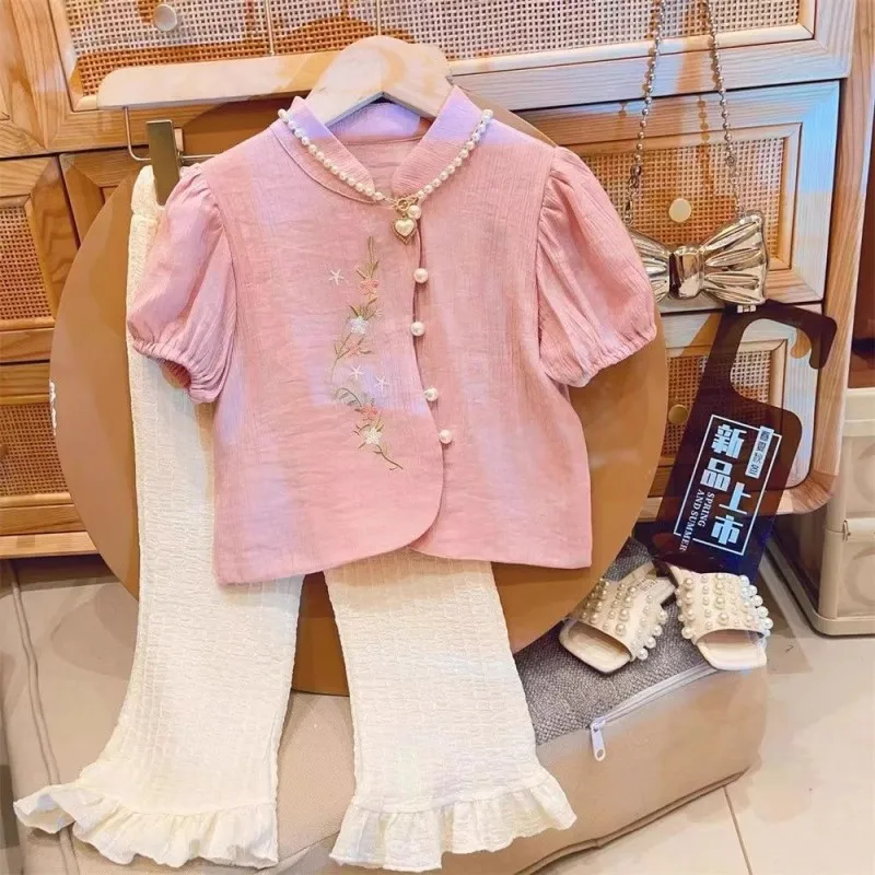 

TOY-Girls Suit2025Children's Short Sleeve Shirt Summer New Embroidered Top Short Sleeve Flared Pants Two-Piece Set