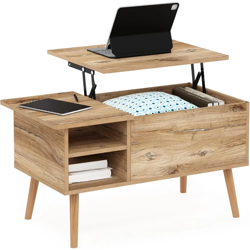 

Jensen Living Room Wooden Leg Lift Top Coffee Table with Hidden Compartment and Side Open Storage Shelf, Flagstaff Oak