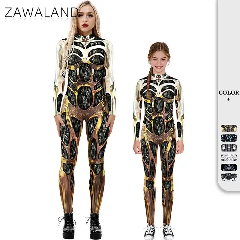 Zawaland Halloween Punk Skeleton 3D Digital Printing Parent-Child Cosplay Costume Bodysuit Elastic Jumpsuit Zentai Suit