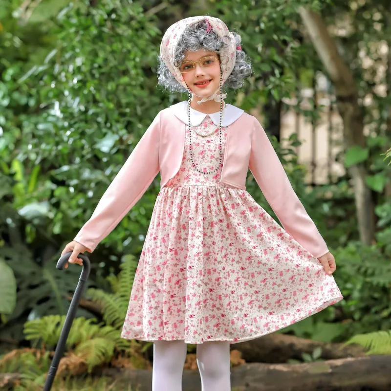 

Kids 100 Days Of School Costume Old Lady Clothes Children Grandma Cosplay Outfit Glasses Crutch Wig for Boys Girs