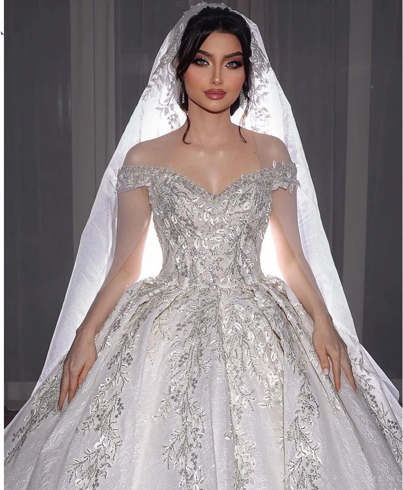 Gaun pernikahan manik-manik bahu terbuka yang indah gaun pesta pengantin kristal applique gaun pengantin wanita Vestidos De Novia