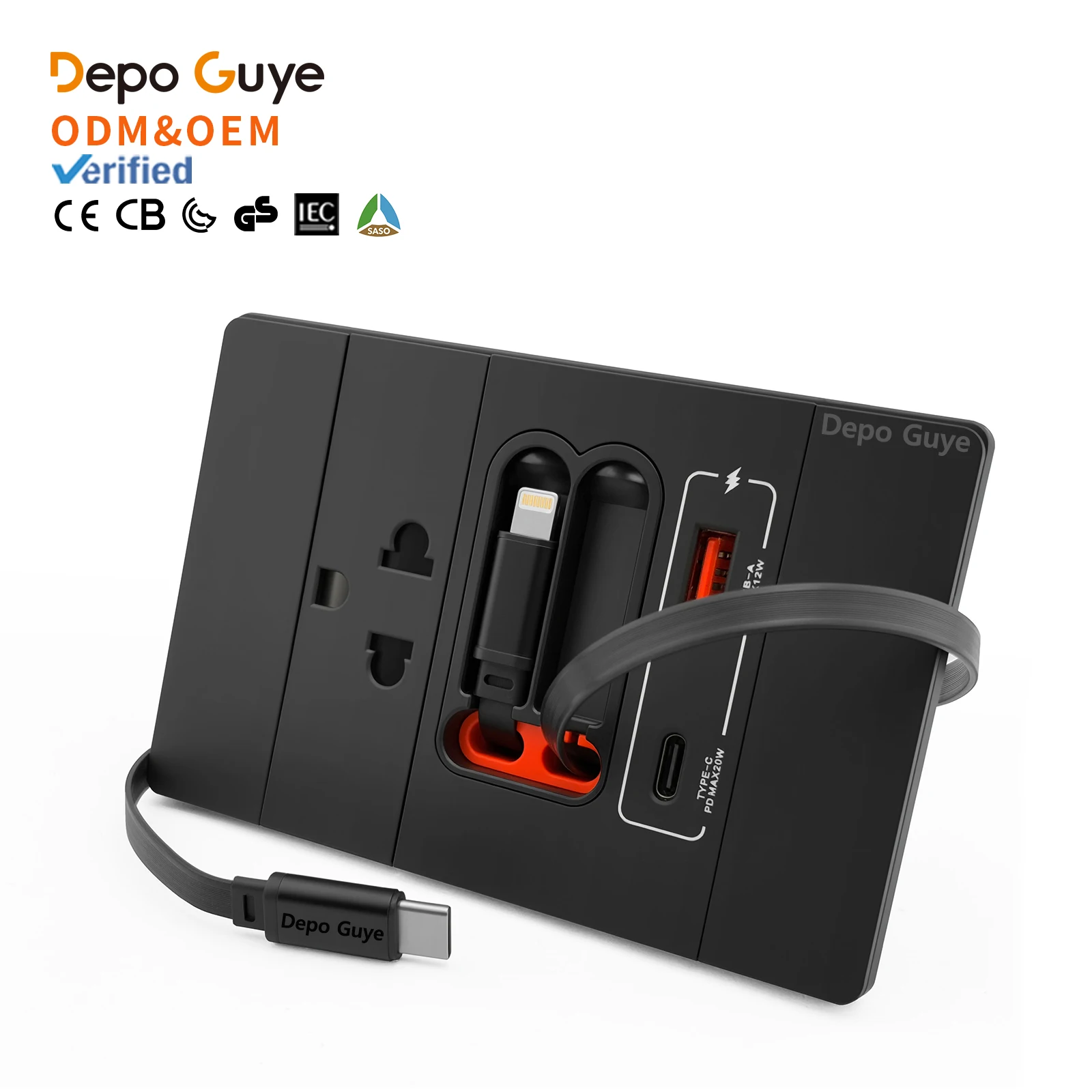 

20W PD Fast Charge Socket with Data Cable| US/Thai Universal USB-C Wall Outlet Panel 120*79mm Home Use