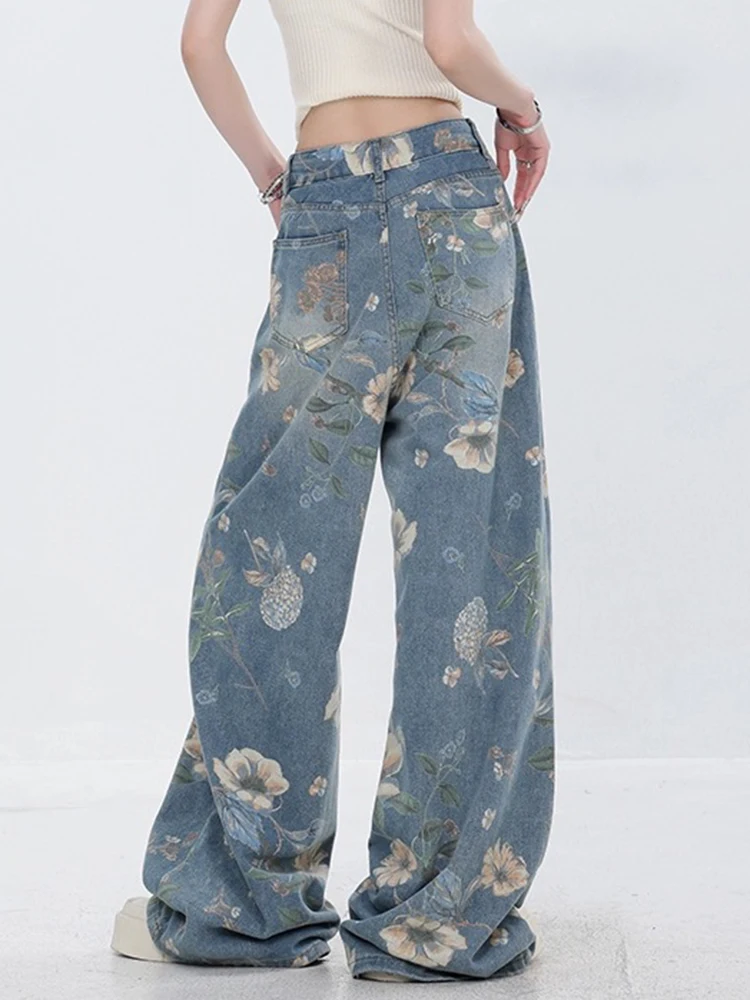 Summer Chic Vintage Printing Loose Straight Women Jeans American Basic Full Length Fashion Contrast Color Female Wide Leg Pants