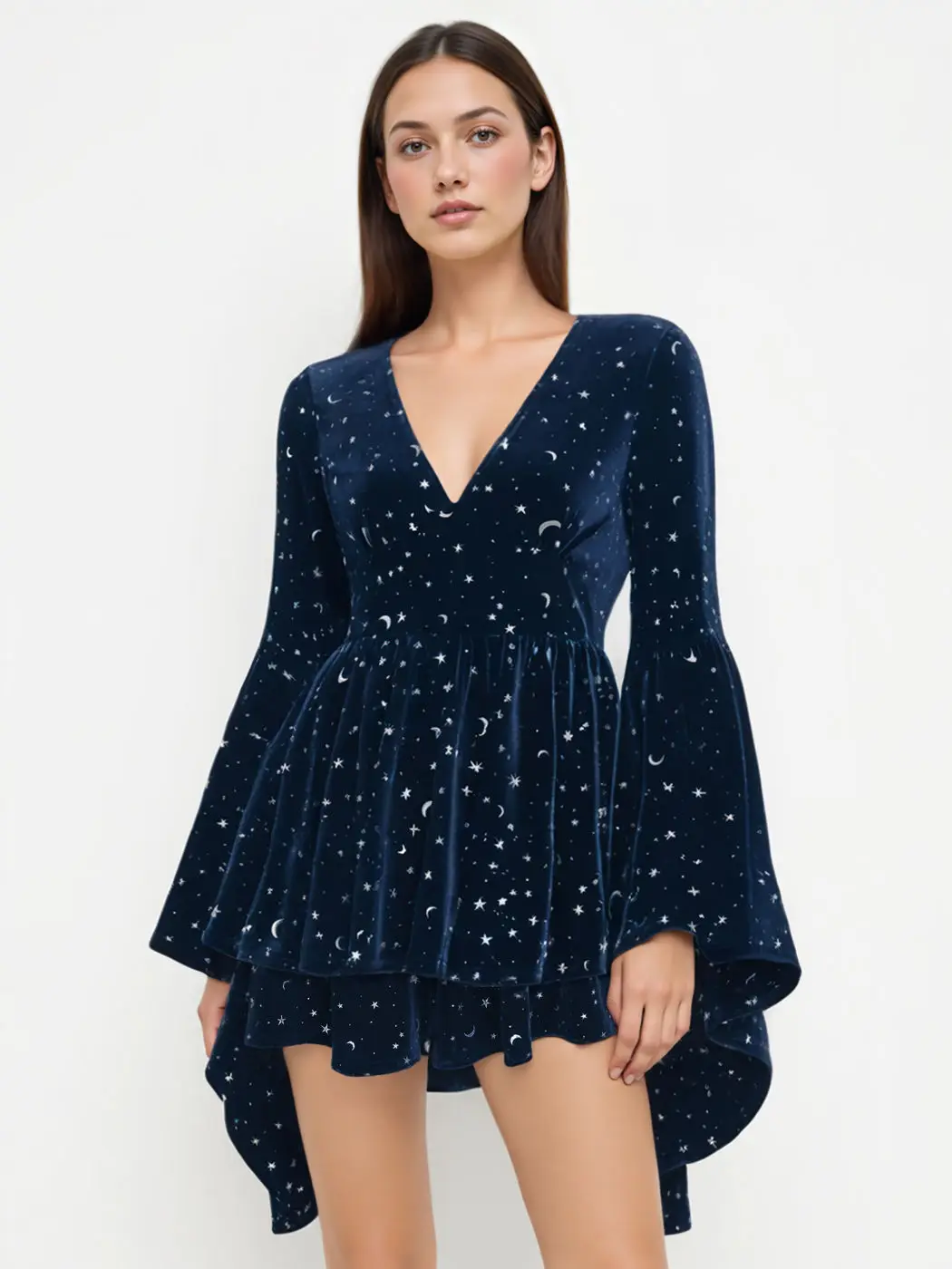 반짝이는 스팽글 드레스 브이넥 몸매를 돋보이게 하는 드레스 긴 소매 휴일 파티 드레스 레트로 보헤미안 로맨틱 시크 이브닝 가운