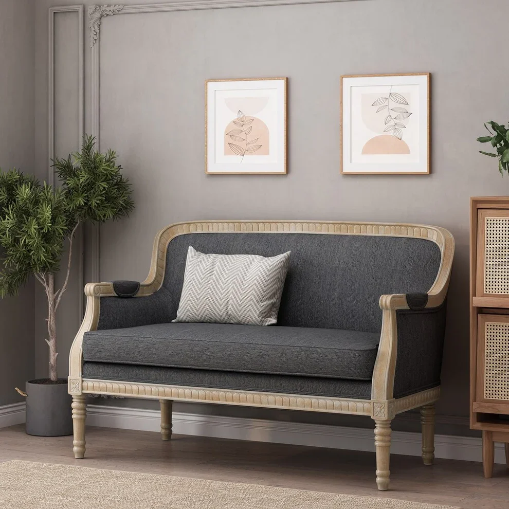 Solid wood double sofa with hand-carved frame, linen upholstered sofa, suitable for living room, can accommodate 2 people.