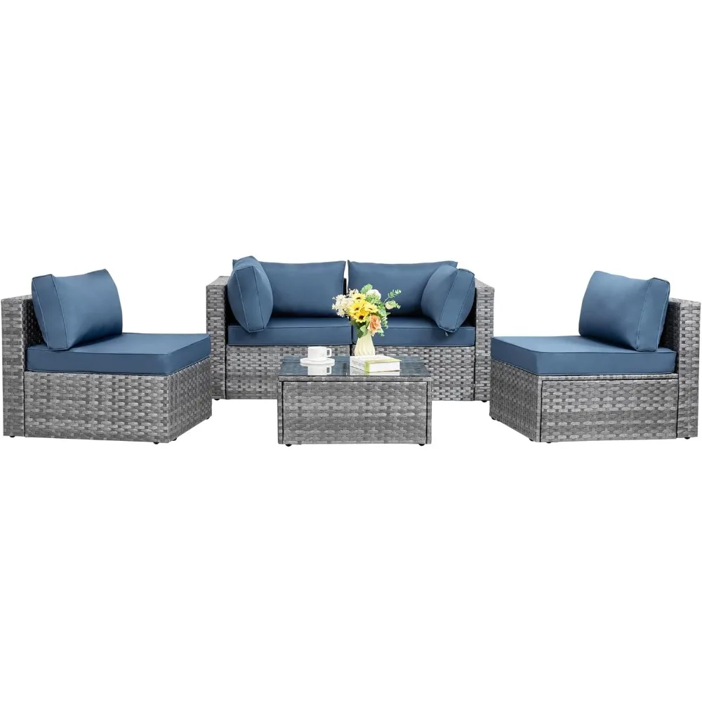 Garden Sofa, Set of 5, Outdoor Patio Combo Sofa with Washable Cushions and Glass Coffee Table for Garden,Backyard,Patio Sofa Set