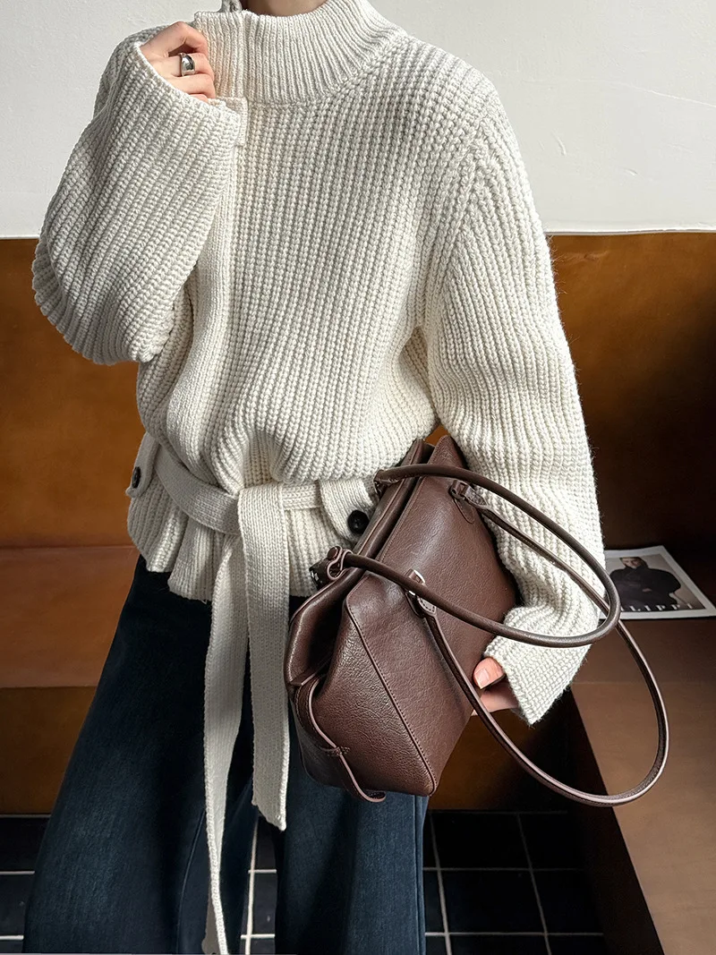 LIMO Autumn Winter Acrylic Knitted Sweater Women Fashion with Belt Waistband Elegant Office Work Wear Casual Date Night Outfit