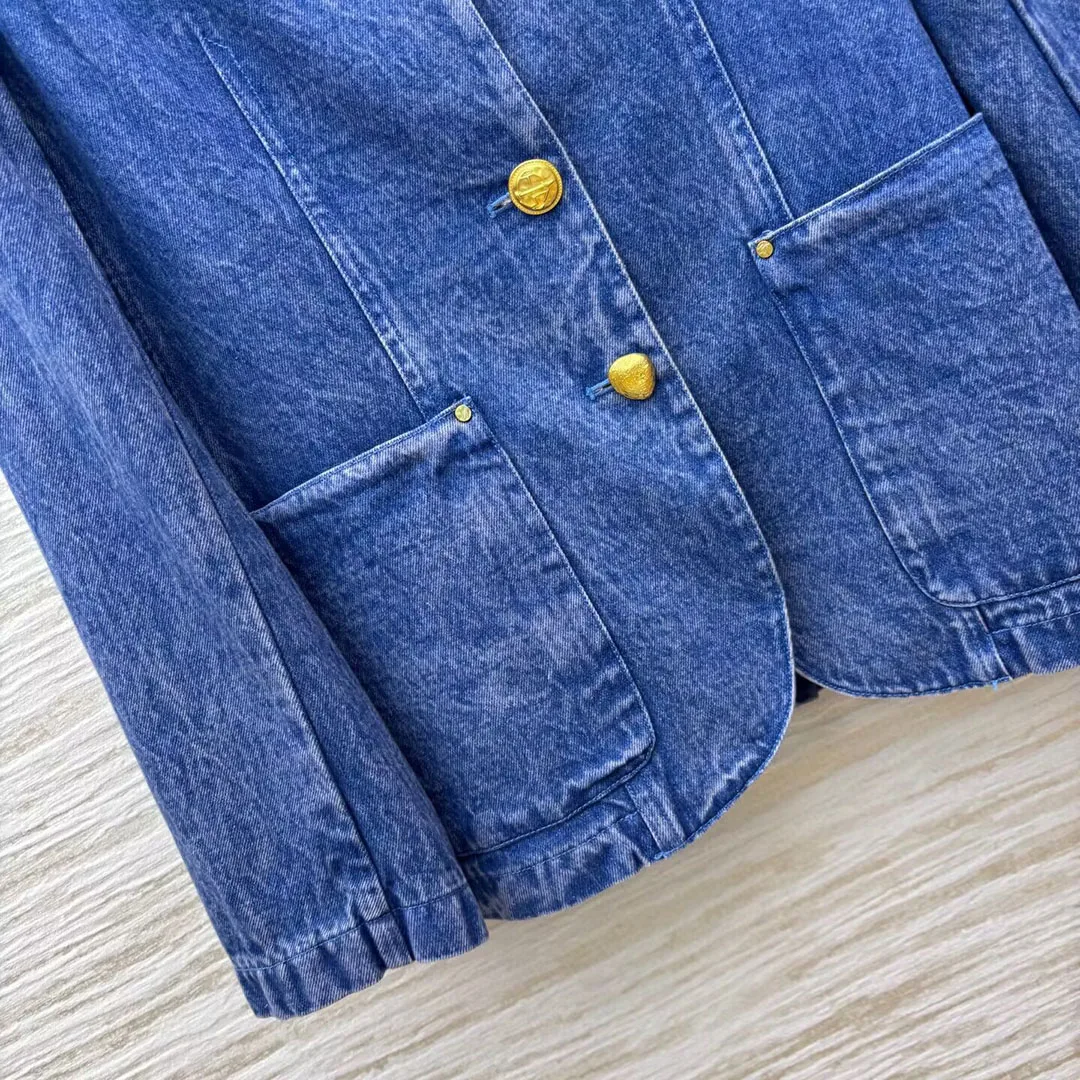 Snowflake Washed Denim Suit Jacket 2025 New Autumn Notched Patchwork Gold Single Breasted Pockets Chic Blazer
