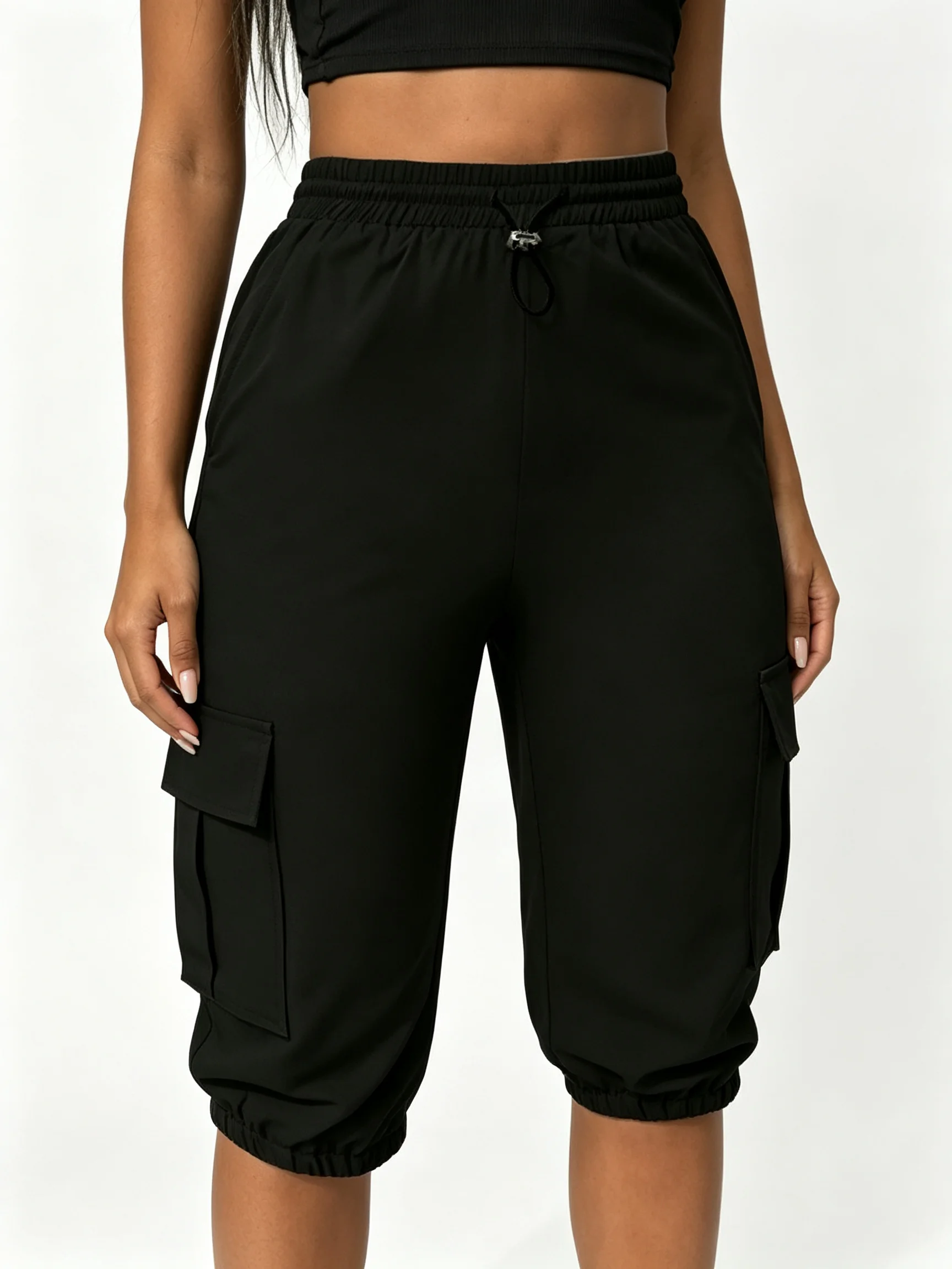 Streetwear Women Cropped Cargo Pants Elastic Waist Capri Joggers Multi Pocket Casual Loose Fit Below Knee Pants