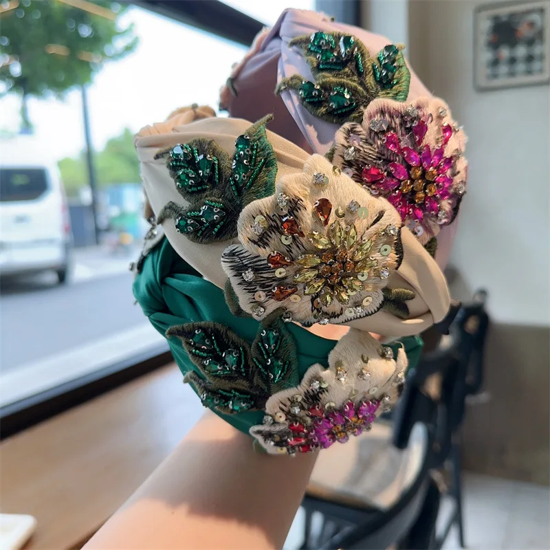 Pretty Boho Floral Embroidery Tape Headband for Lady Girls Shopping Party Headpiece Top Bow Knot Hairband for Women Head Wears