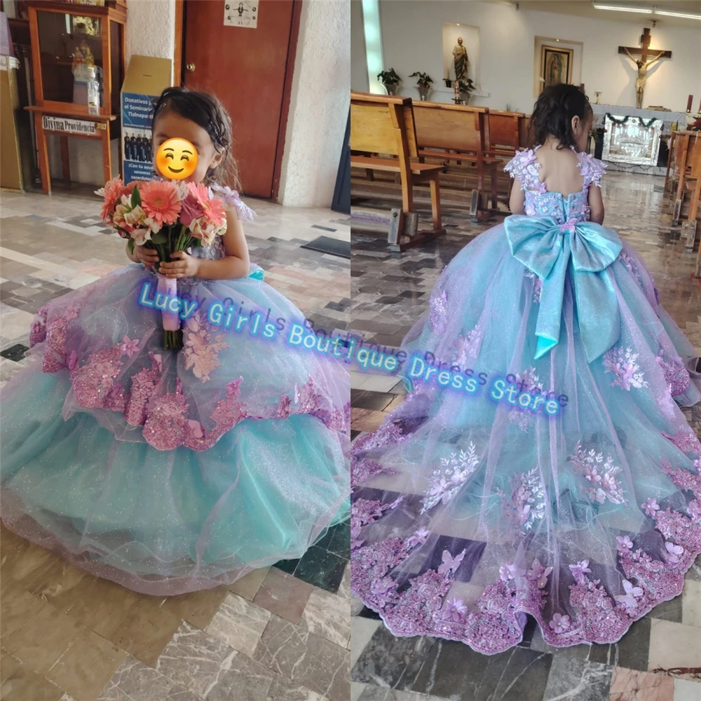 Gorgeous High Quality Flower Girl Dress Blue Tulle Fluffy With Purple Applique Princess Wedding Party Ball Kids  Birthday Gowns