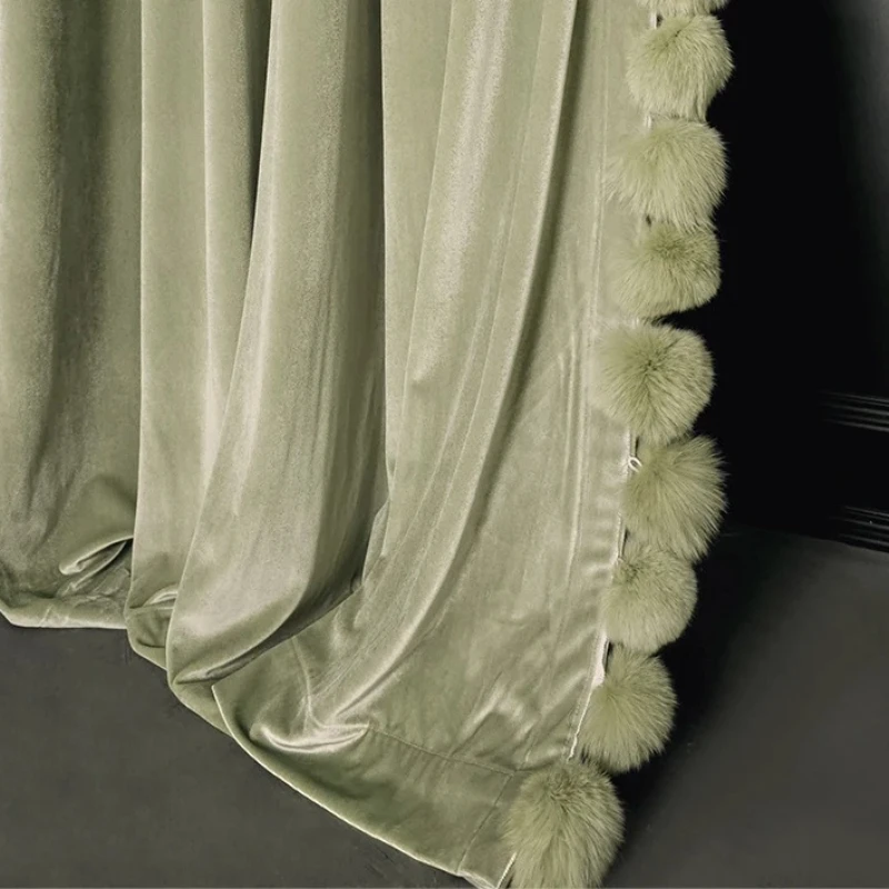 Custom Luxury Blackout Curtains French Retro Green Velvet Drapes with Fur Ball Trim for Bedroom Villa Living Room Opulent Decor