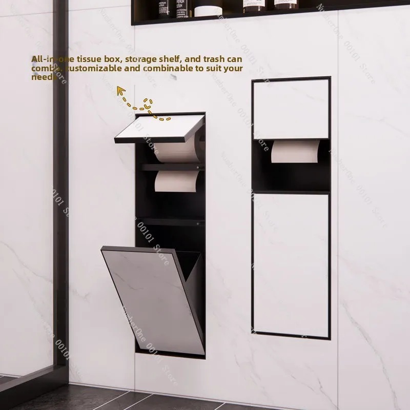 Recessed Niche Trash Can, Stainless Steel Tile-Ready Bathroom Niche with Tissue Box & Toilet Brush Holder