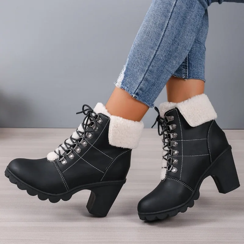 Botas con cordones delanteros para mujer, botines modernos con borde vuelto, talla grande, 2024