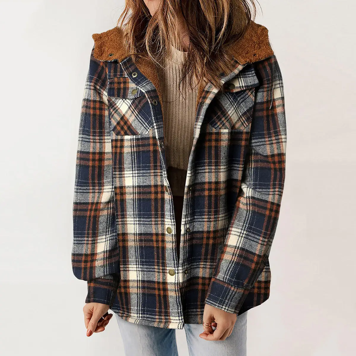 

2025 Plaid Hooded Women Sherpa Winter Jackets Fashion Fleece Coats All Match Casual Outwear Large Size Loose Comfortable Coat