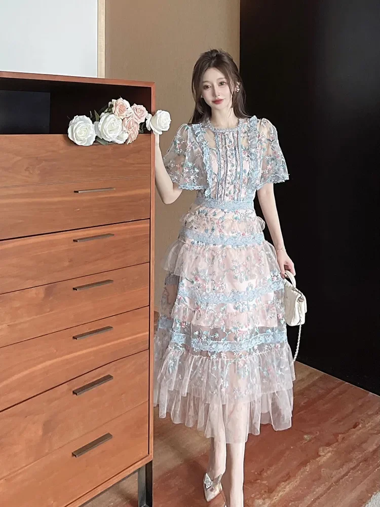 Summer 2024 New  Fashion Runway Dresses Women Round Collar Short Sleeve Mesh Mosaic Flower Cake Dress