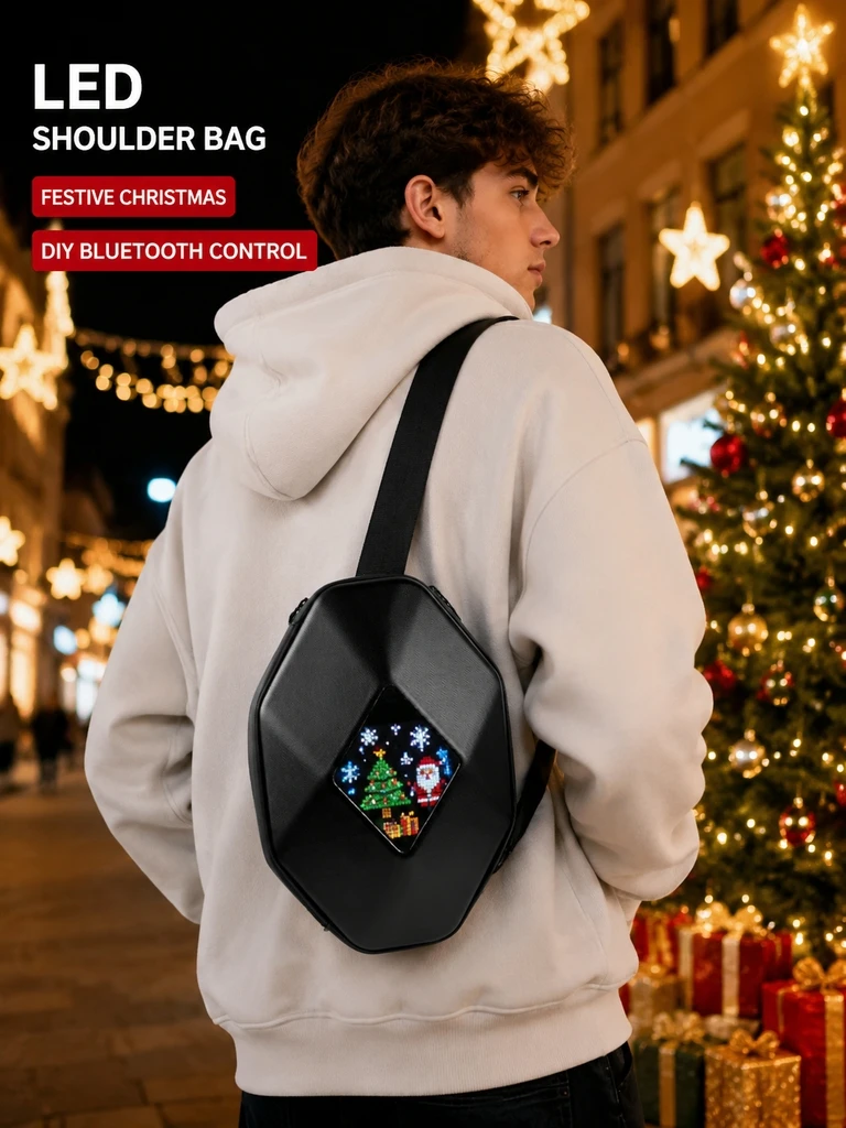 Halloween Christmas LED Sling Bag APP Controlled DIY Animated Display Chest Bag Waterproof Hard Shell Shoulder Bag for Men Women