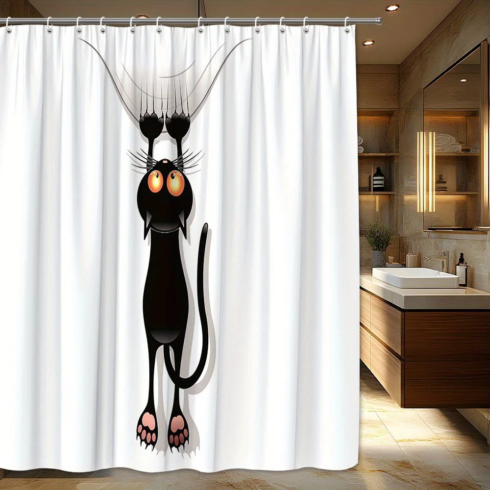 1pc Polyester Shower Curtain, Black Cat Cartoon Design with Orange Eyes, Humorous Surprise Pose, Minimalist White Background, Wo