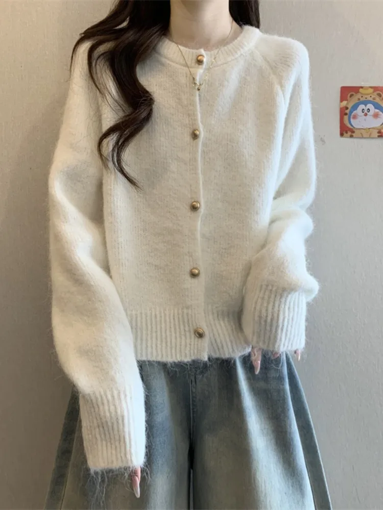 

e Soft Milk White Long Sve Knitted Open Cardigan Sweater Women's Autumn Winter New Loose Outerwear Top Trendy