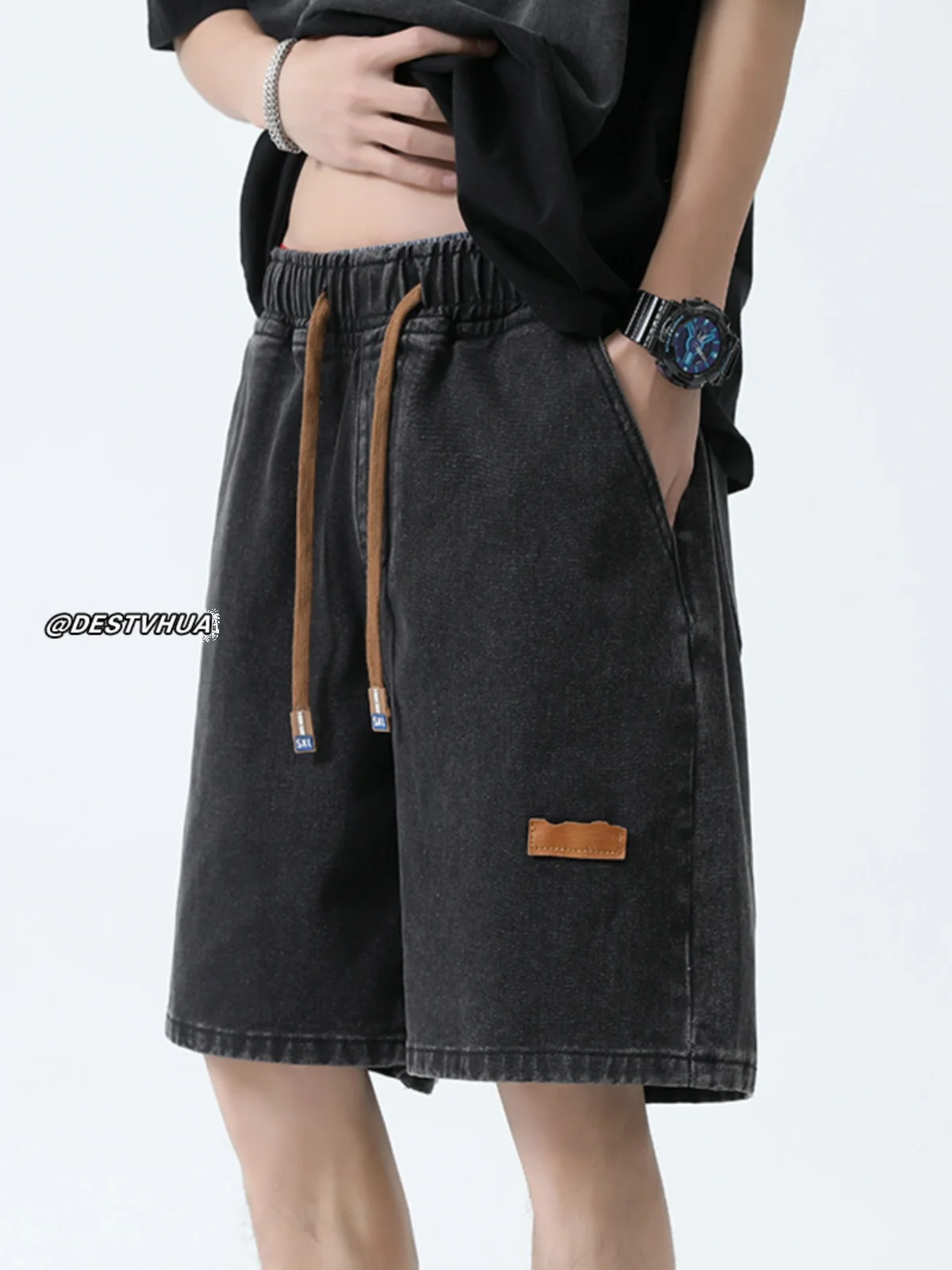 

Bla Denim orts Men's Summer Straight Loose Trendy Casual Sports Five-Button Loose Middle-Panted Jeans Trendy Streetwear