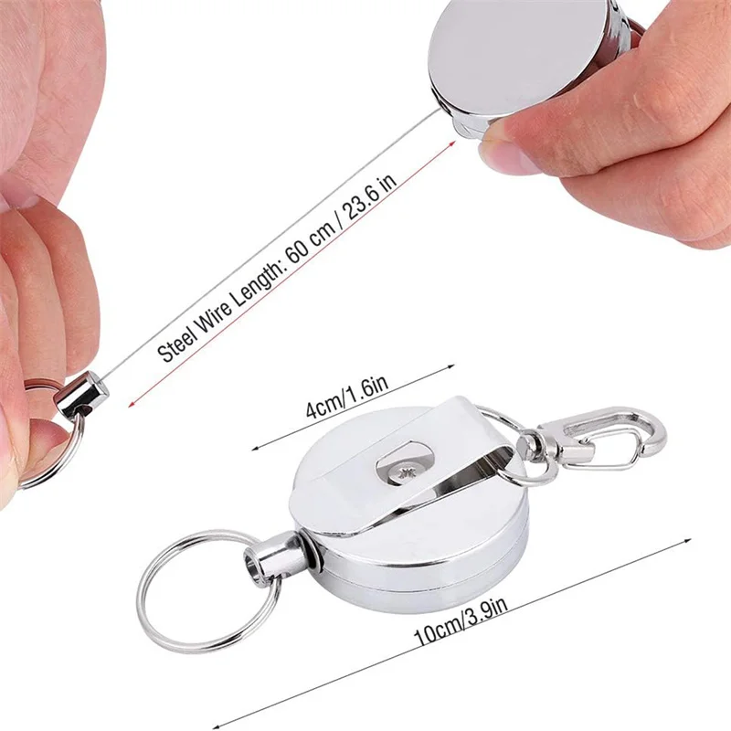 Aço inoxidável Corda Camping Chaveiro Telescópico Burglar Key Holder, Outdoor Key Ring, Retorno retrátil