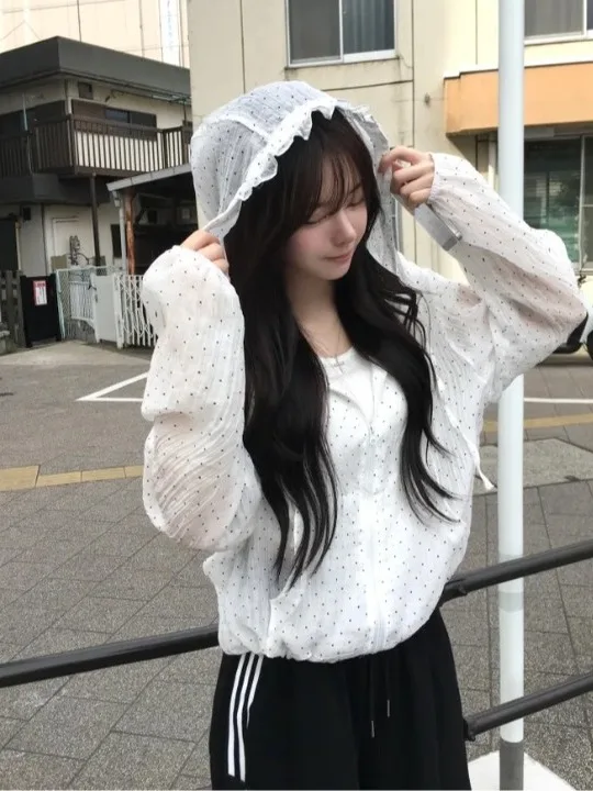 

Chic Fashionable Thin Hooded Sun Protection Shirt Women's Cute Anti-Aging Design Long Sleeve Top Outerwear Casual Loose Fit