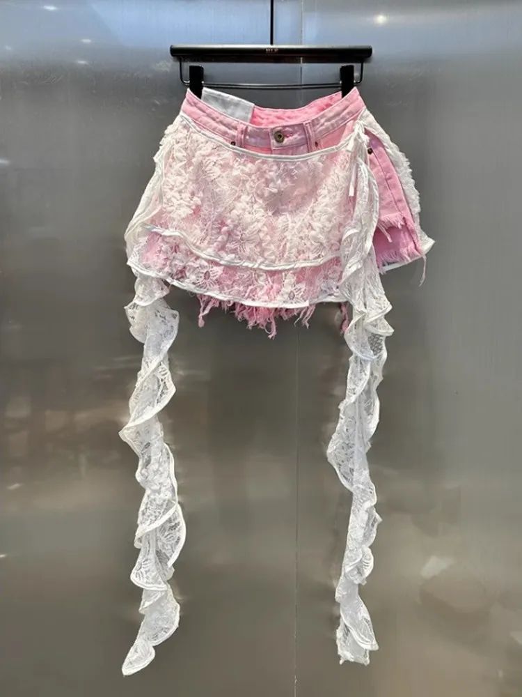 

Korean Style Sweet Cool Pure Desire Lace Splicing Denim Short Pants High Waist Wide Leg Short Shorts Women's Summer Fashion