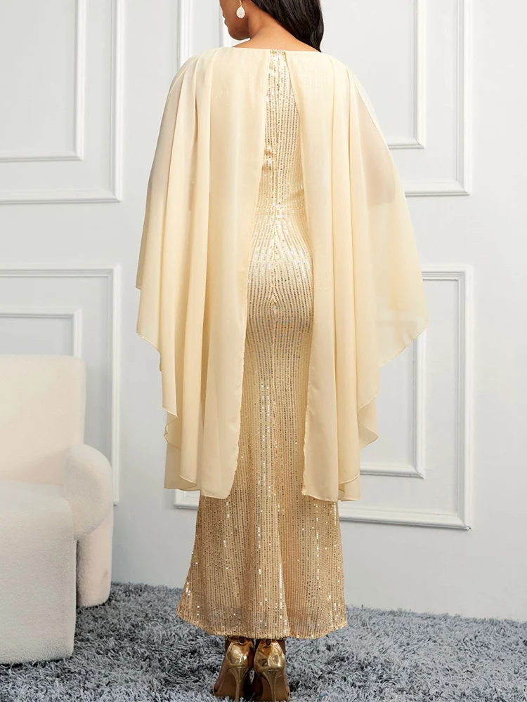 Exquisite Pleated Elegant Dress Female Crew Neck Clothing Luxury Gold Evening Dinner Long Robe 2024 Spring Women Party Dresses