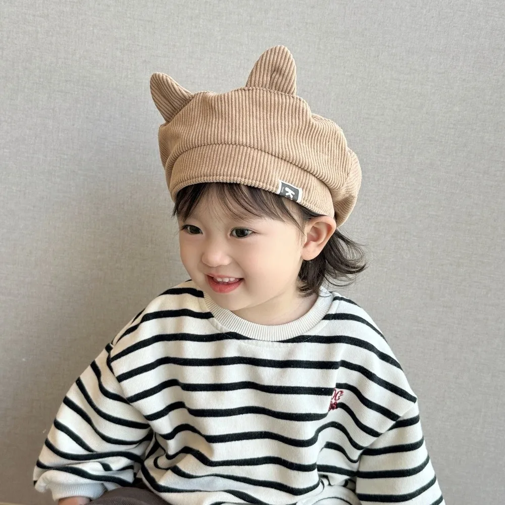 

Прекрасный милый детский вельветовый берет в Корейском стиле для мальчиков и девочек, берет с кошачьими ушками, милая кепка с плоским верхом и утиным языком, весна-осень