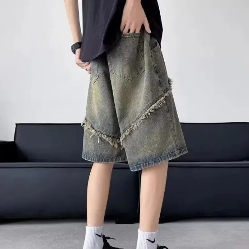 Picture 7: Young Style American Distressed Loose Denim Shorts Men's Clothing Vintage Straight Summer High Street Rough Selvage Knee Pants